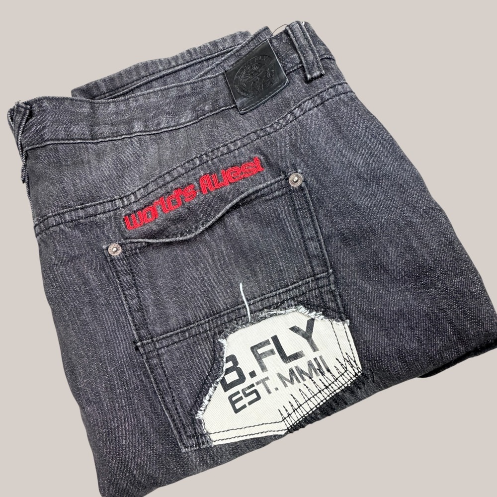 Born Fly Jeans Mens 42x33 Black Discharge Baggy Leg Patches‎ Y2K Streetwear